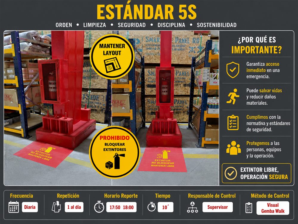 Estándar 5S real: comparación antes/después de zona de extintores con demarcación de piso y explicación de por qué es importante